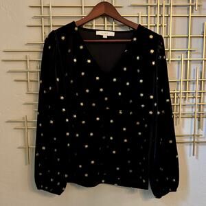 LOFT Petites XL Black Velvet Gold Starburst Balloon Sleeve Top